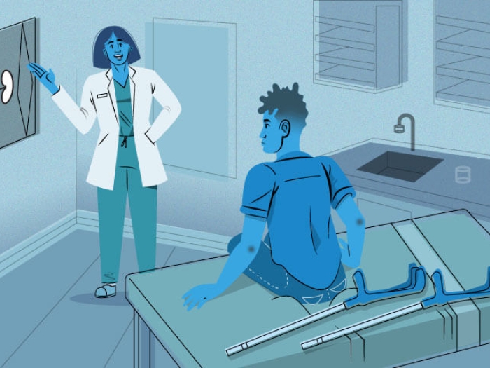 Doctor talking with patient on hospital bed showing kidney X-ray, blue background
