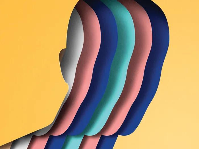 Abstract art of layered silhouette profiles in blue, pink, teal, and gray on a yellow background