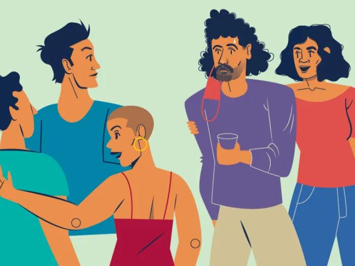 friends standing together with one persons mask off and seeming anxious
