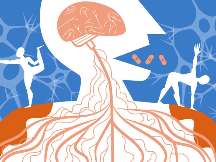 figure of person drawn seeing lines inside from brain and yoga poses on shoulders, pills going into mouth and cream on shoulders orange blue white