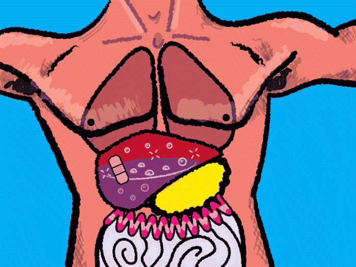 waist up of inside person&#039;s body of their organs with purple liver flashing with red warning lines