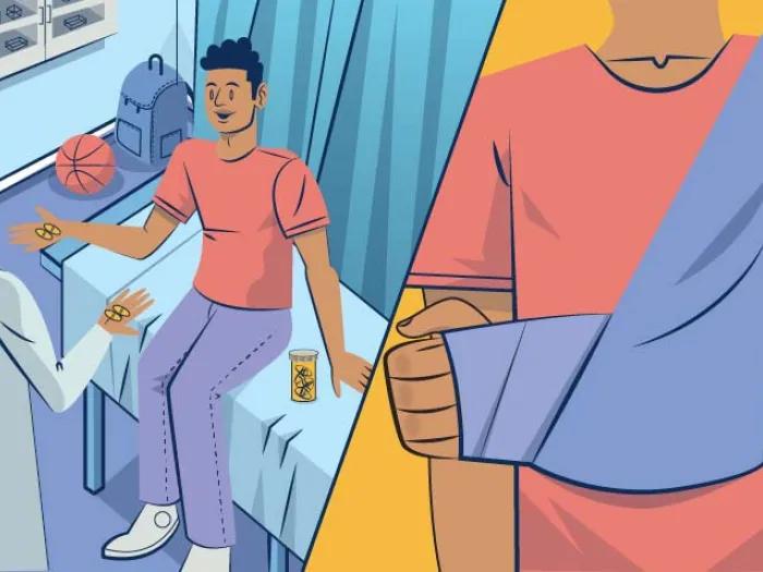 teen in bed and then on right with arm in purple sling