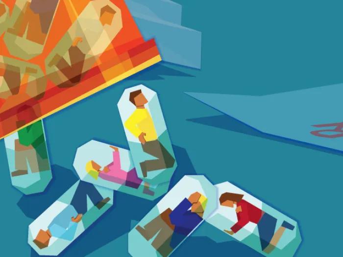people in oval shapes and on teal background