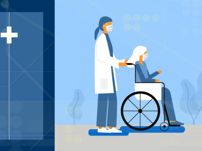 graphic of person wheeling person in wheelchair