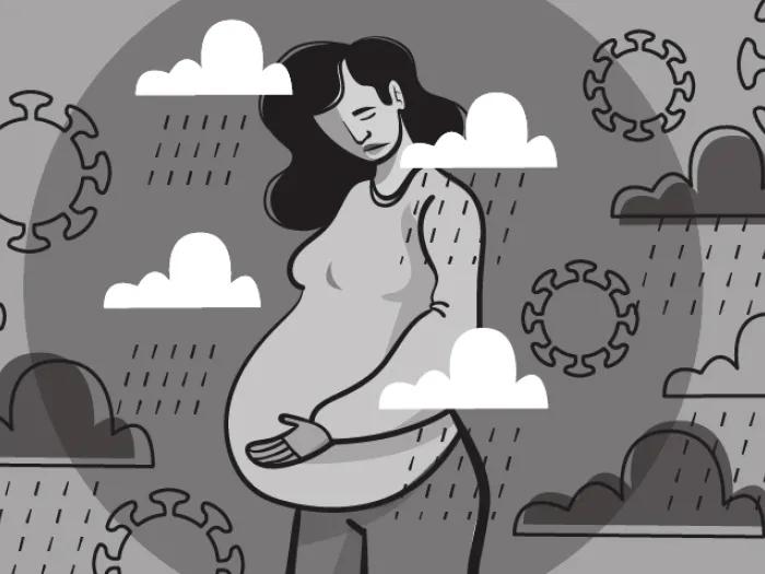 woman standing sad in black and white pregnant and covid cells floating around