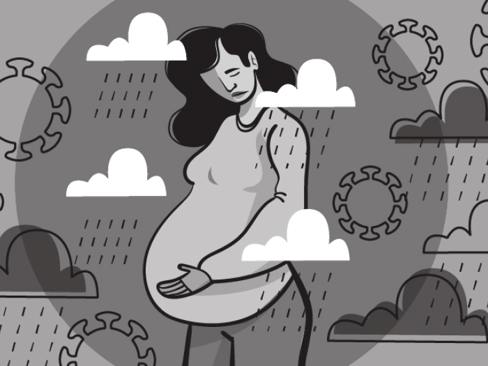woman standing sad in black and white pregnant and covid cells floating around