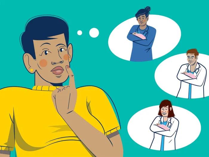 woman thinking of pregnancy experts in thought bubbles 