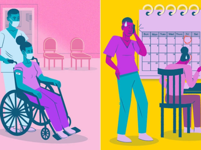 Doctor with patient in wheel chair wearing masks. Second half of picture with yellow background, provider on cell phone stressed, provider sitting at desk stressed, calendar in background