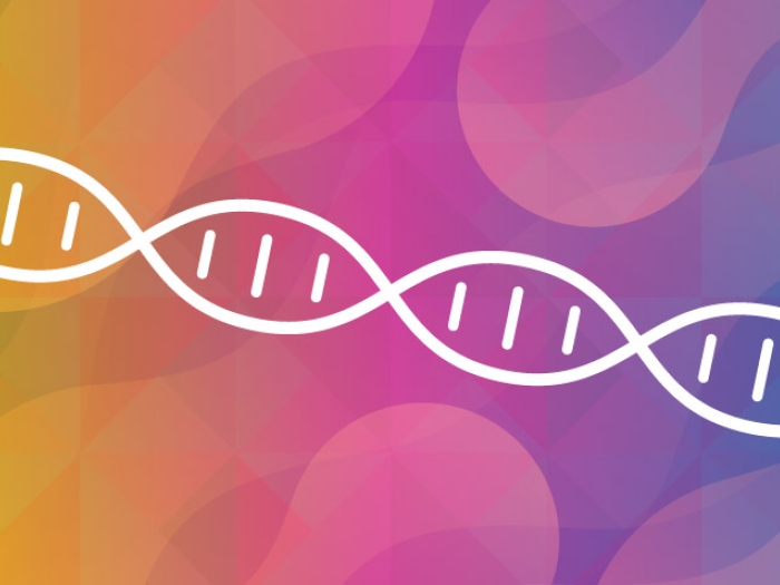 DNA graphic in white with rainbow colors behind