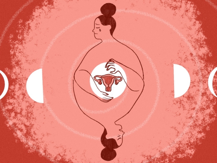 depiction of a woman top and bottom and uterus in middle and red all over and crying sad