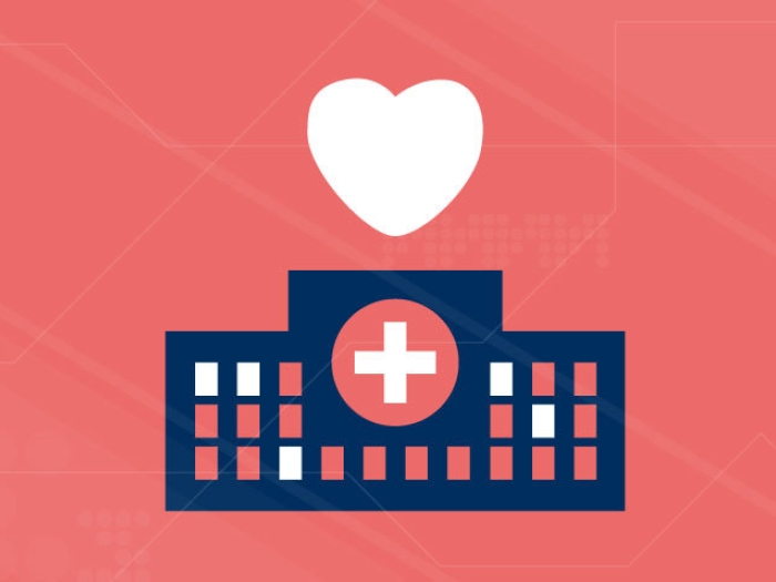 white heart over navy blue hospital with red background