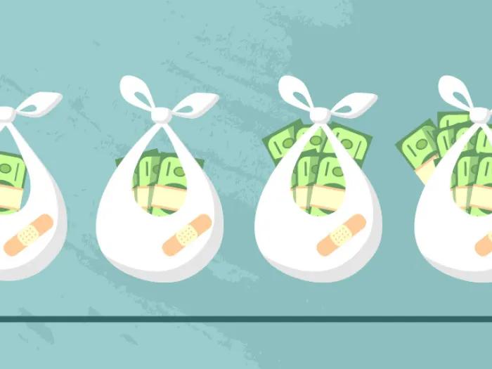Four white bundles holding incrementally more money as move from left to right