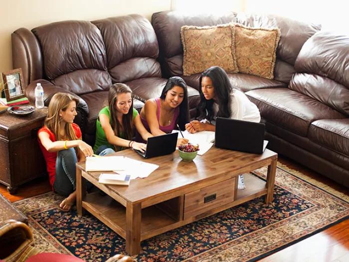 teenage girls studying in pod in family room