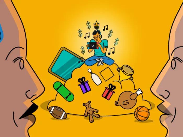 two adult heads on right and left close up looking worried with sweat dripping off left person's head while child sits on top of toy pile busy with electronics instead