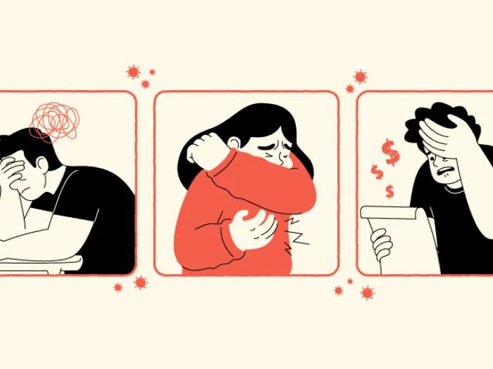 three people coughing and looking stressed in black and red
