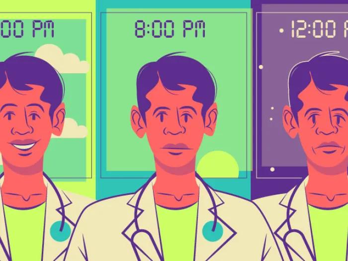 three doctor faces smiling not smiling through day to night green and purple