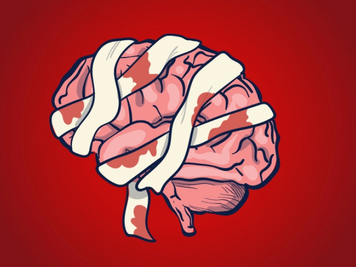 brain with bandages on it pink and red