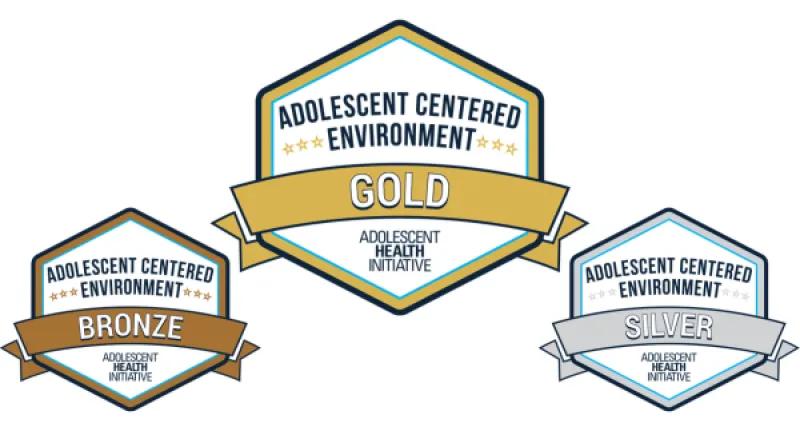 Icons for Adolescent Centered Environment Gold, Silver, and Bronze certifications.