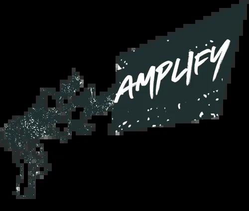 Logo for the AMPLIFY Youth Art Exhibition, with a hand holding a megaphone.