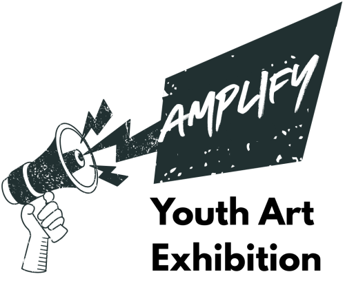 Logo for the AMPLIFY Youth Art Exhibition, with a hand holding a megaphone.