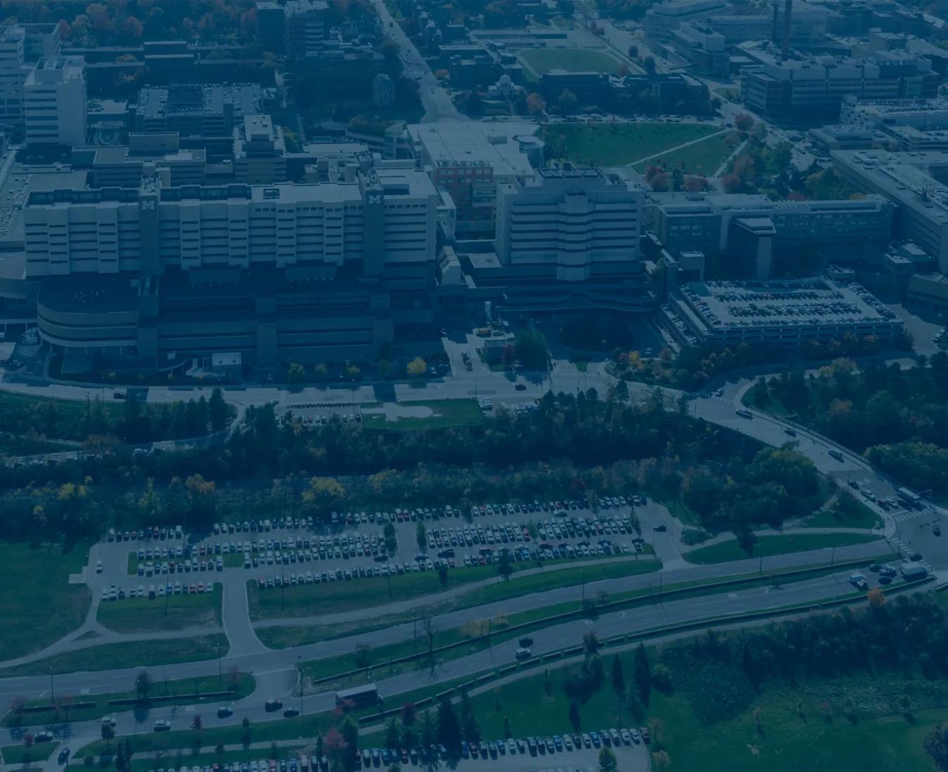 Aerial of U-M medical complex tinted blue