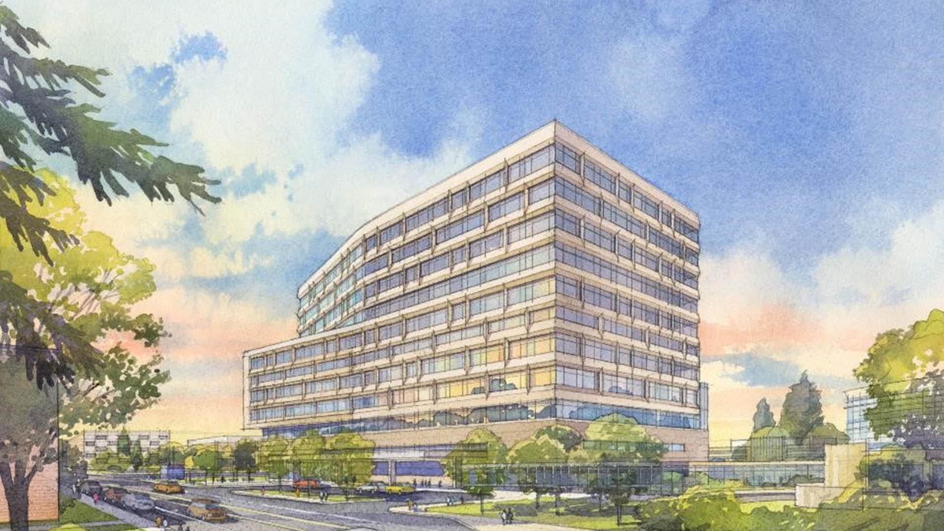 Architectural rendering of The Pavilion hospital building at University of Michigan Health