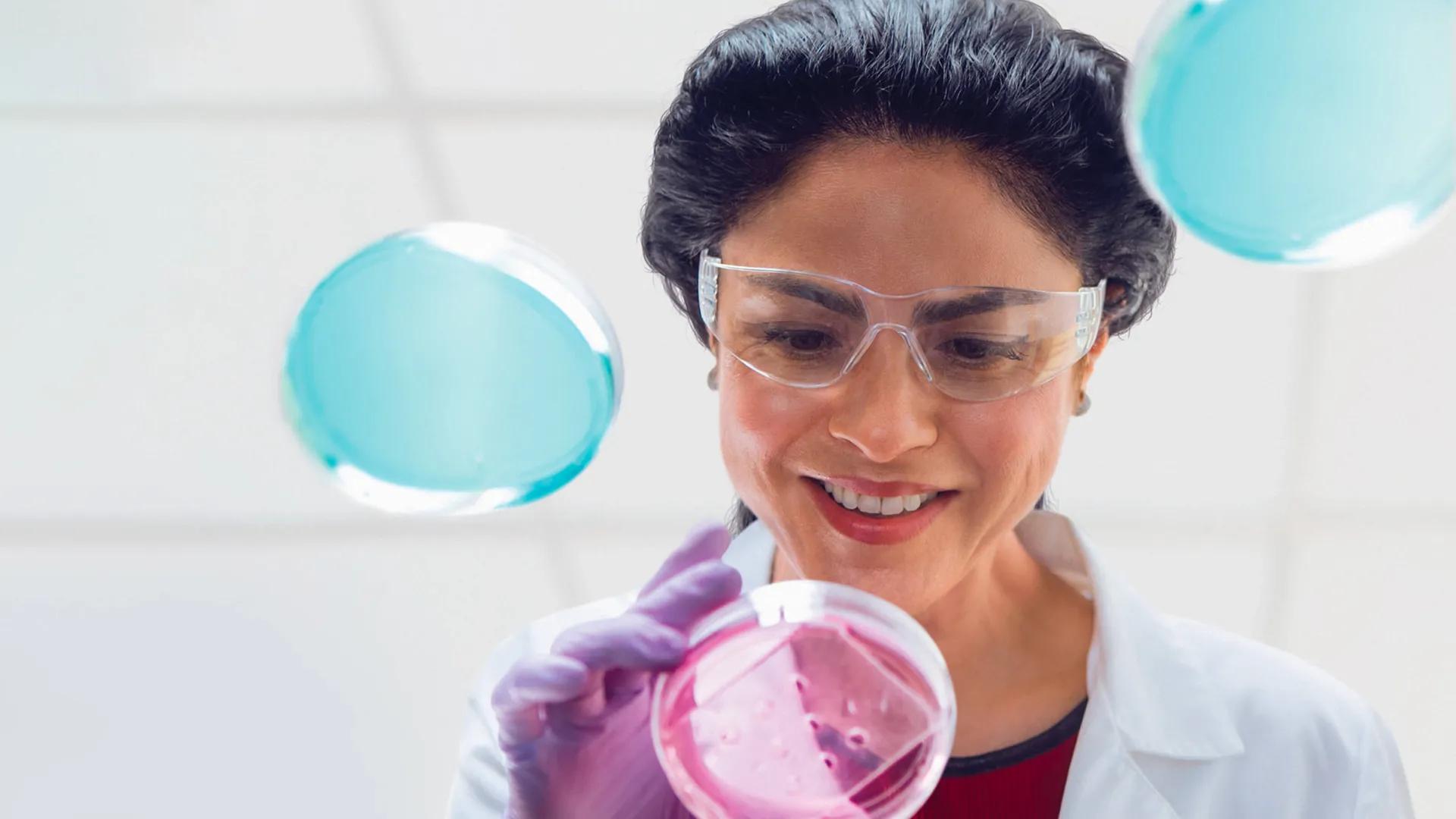 Female scientist wearing goggles looking at petri dishes on a glass table