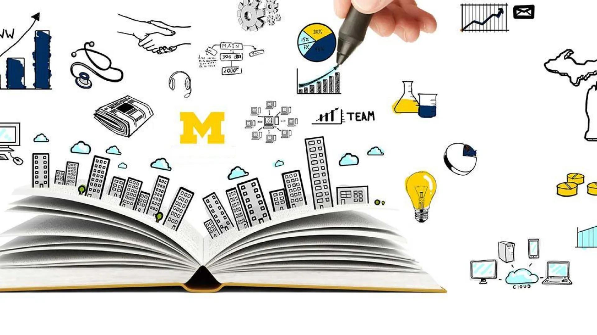 Graphic showing different aspects of the Department of Communicaitons work