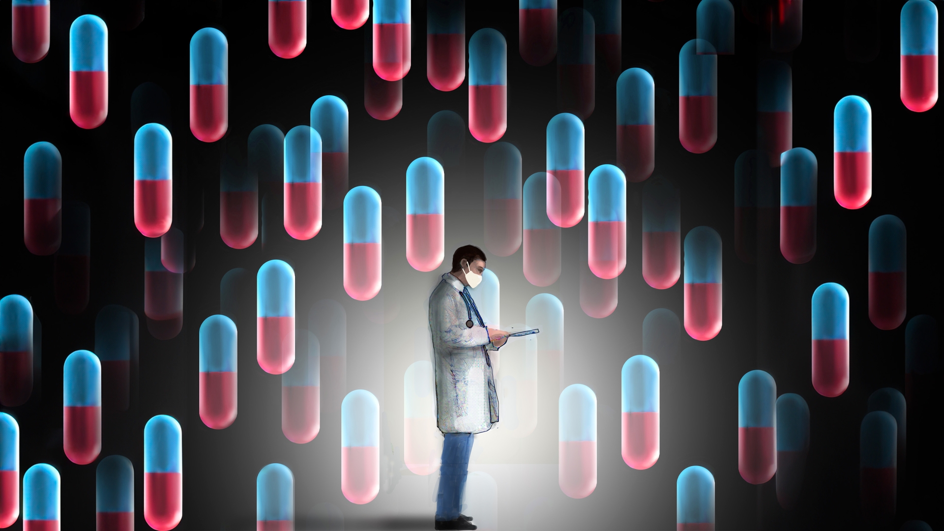 pills floating blue pink dark background physician in middle looking at chart white coat scrubs