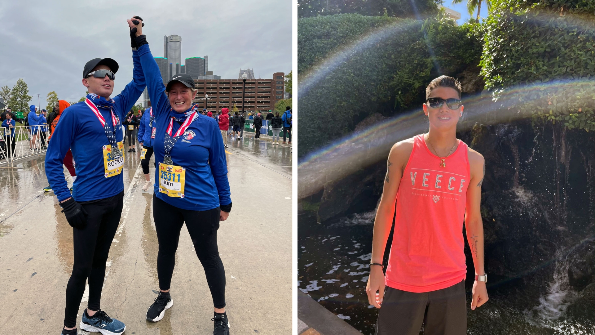 left mom and son holding hands in blue long sleeves with medals on after run and on right young man standing in red sleeves top with sunglasses on sunny smiling