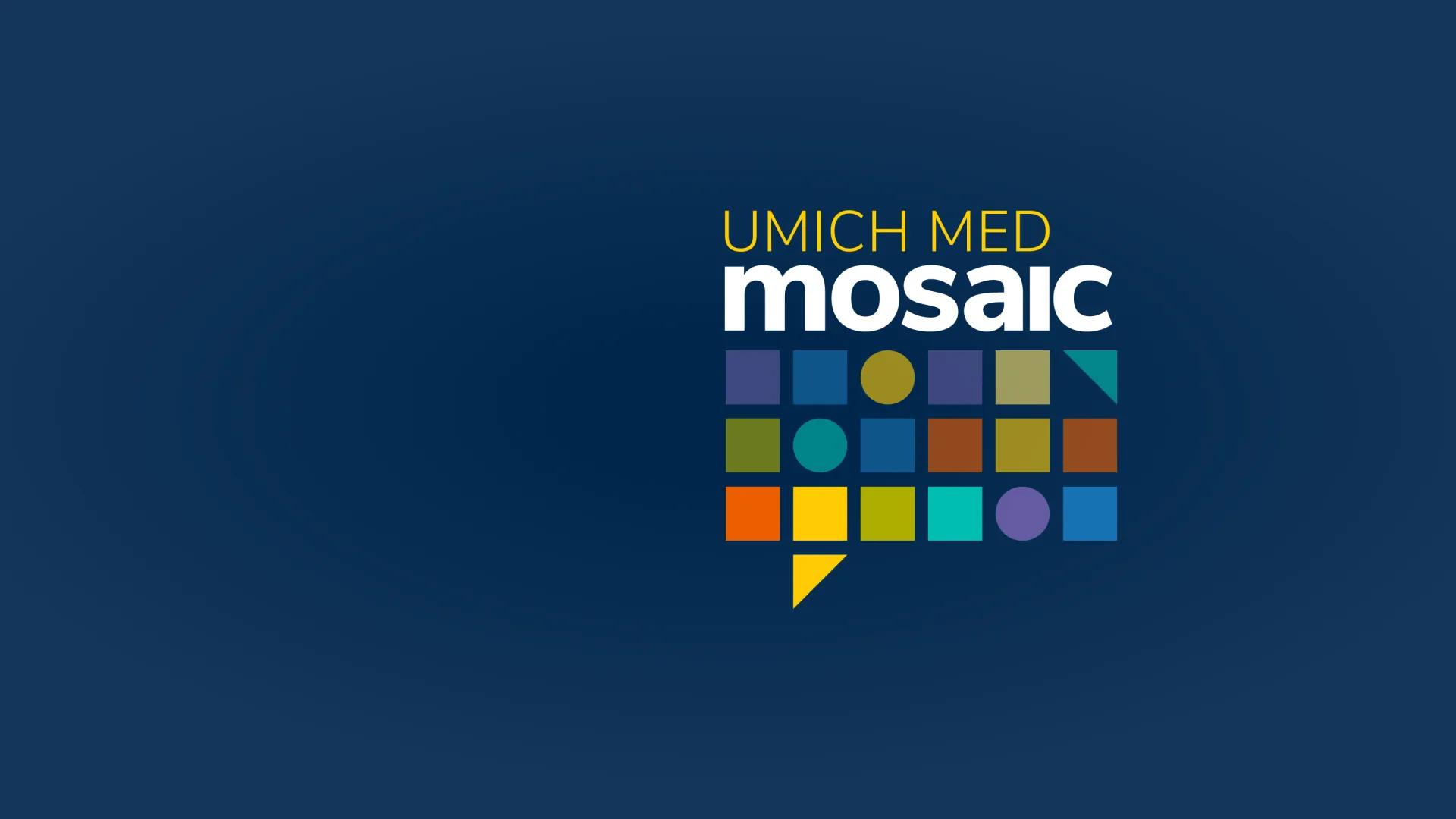 UMich Med Mosaic on blue background with colorful geometric shapes
