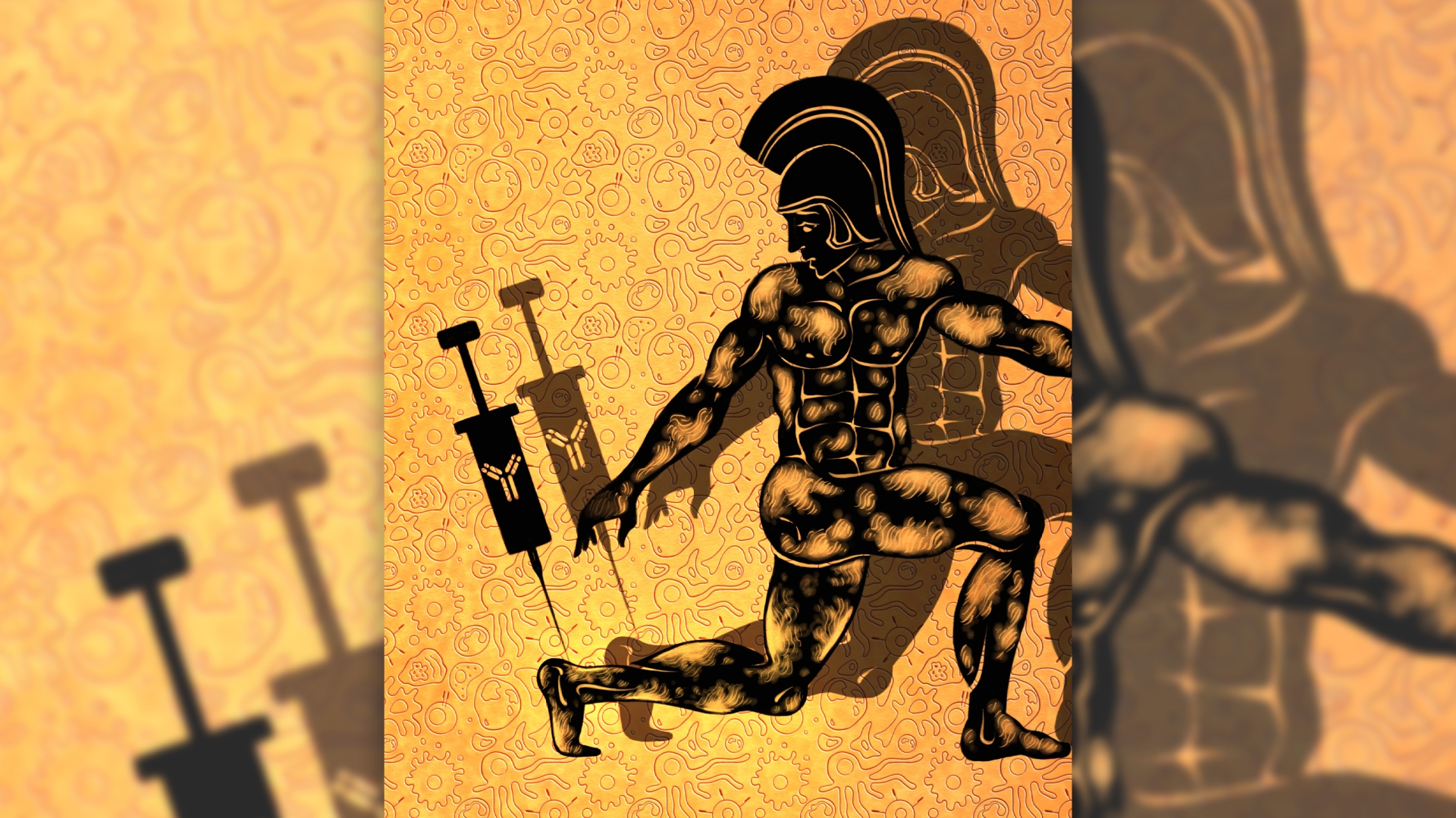 needle going into heel of roman looking warrior yellow background dark brown figure