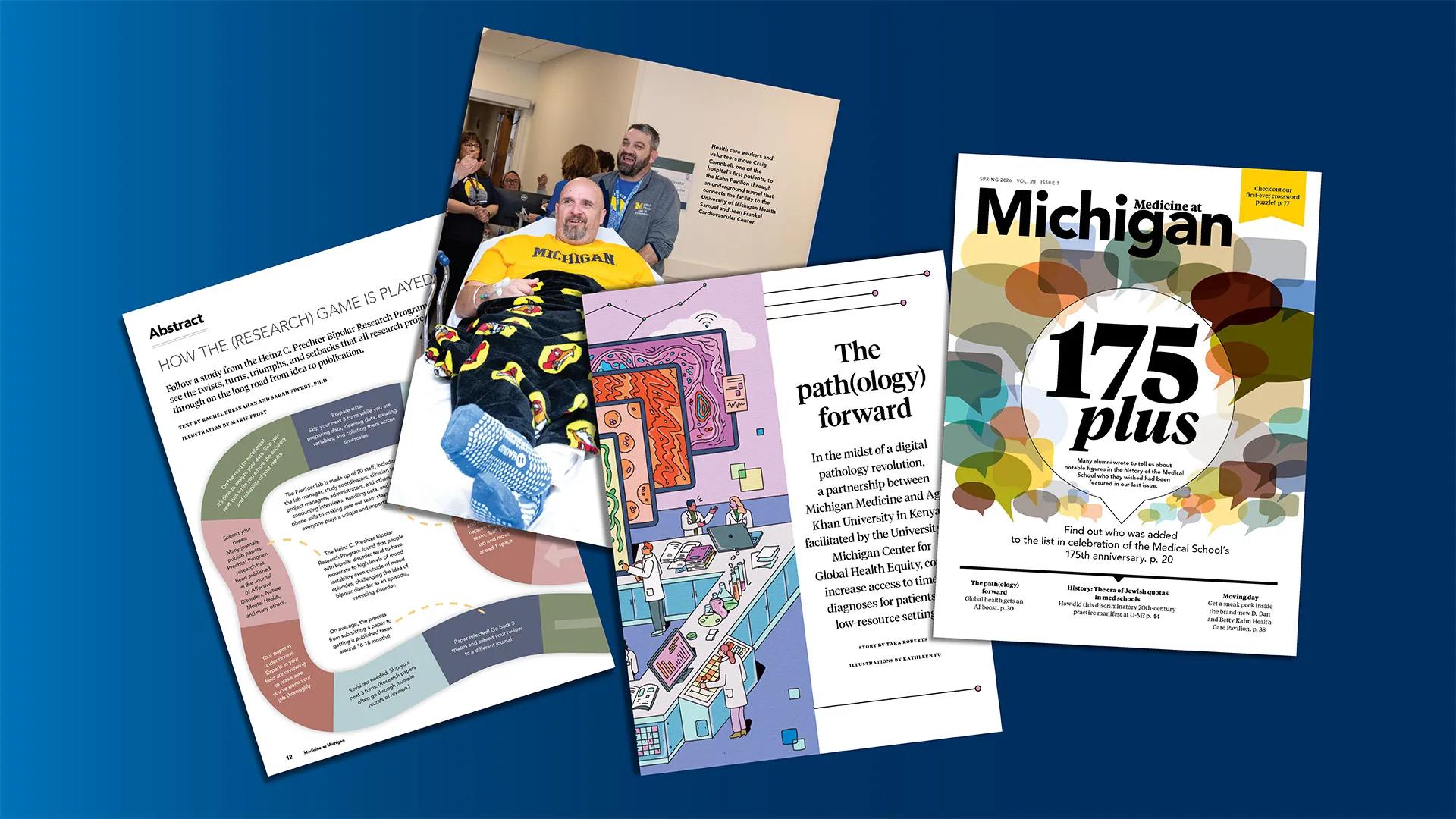 Collage of pages from the current issue of Medicine at Michigan magazine.