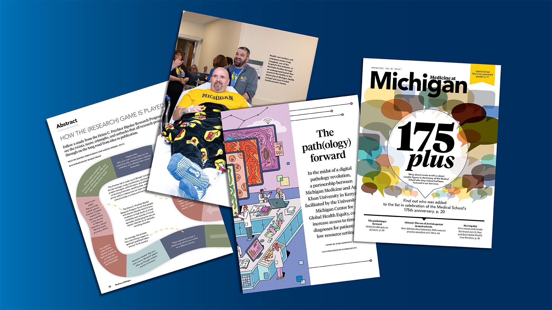 Collage of pages from the current issue of Medicine at Michigan magazine.