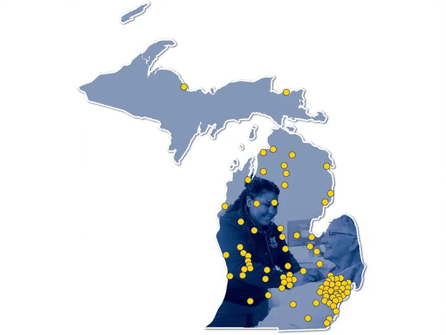 Yellow dots of U-M Health Statewide Network Locations on a Michigan map