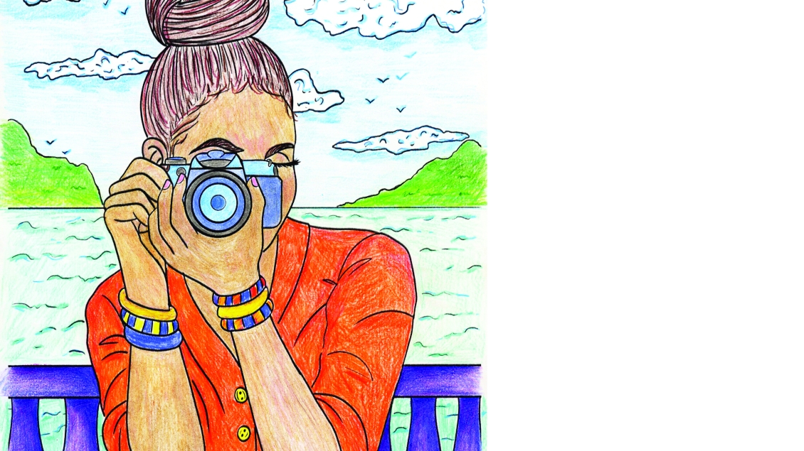 Completed coloring page of woman using camera