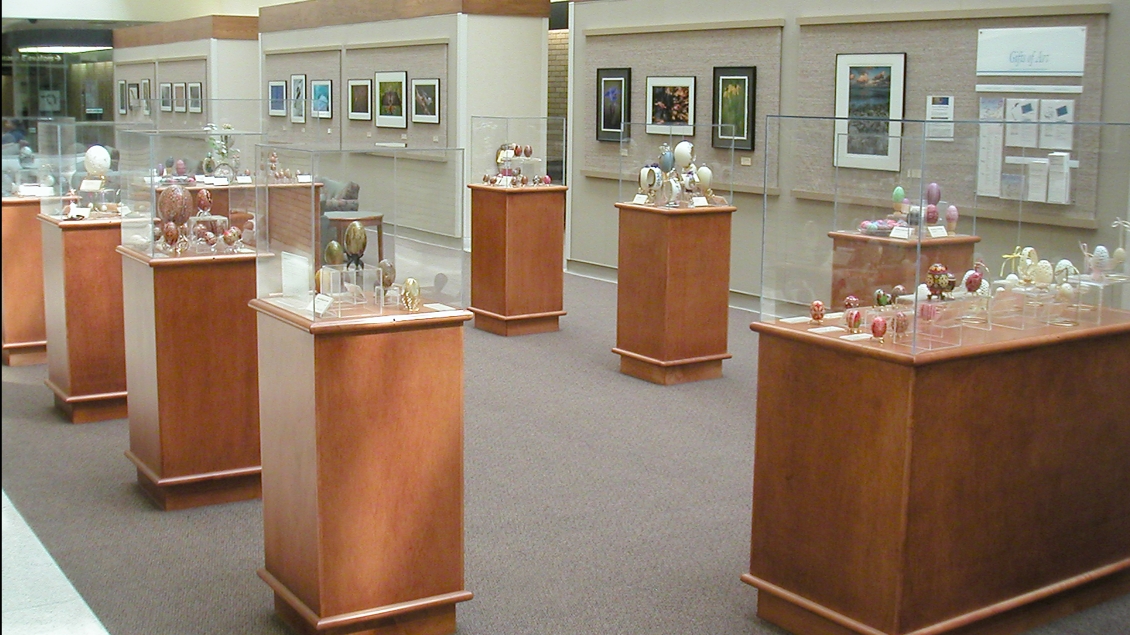 Wide view of one of the art galleries at Michigan Medicine