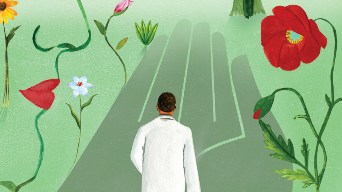 Illustration with mint green background depicting a male doctor in a white coat walking toward fantastical, oversized flowers. A shadow of a hand beckons him forward.