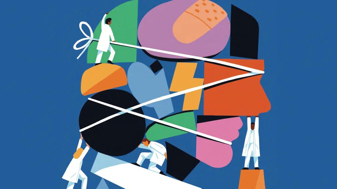 Colorful illustration of a head in profile. The head is made out of various geometric shapes that appear to be tied together with string. A large bandaid appears on top. Tiny physicians are positioned around it, trying to hold it up and together. 
