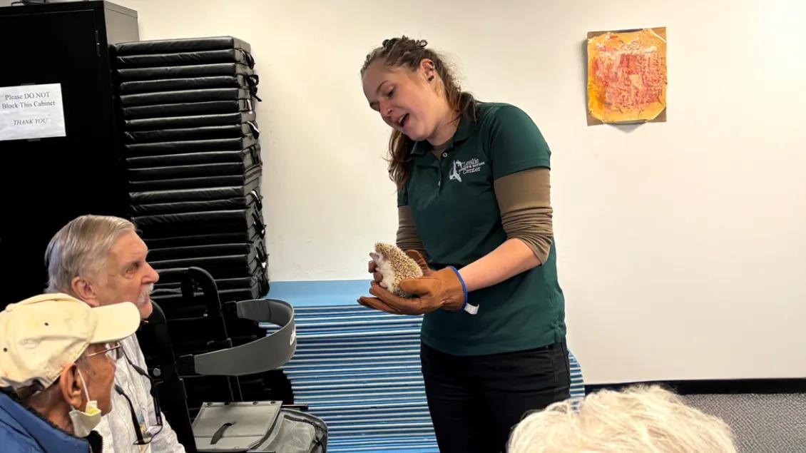 Silver Club participants meet a tiny hedgehog from the Leslie Science Center.