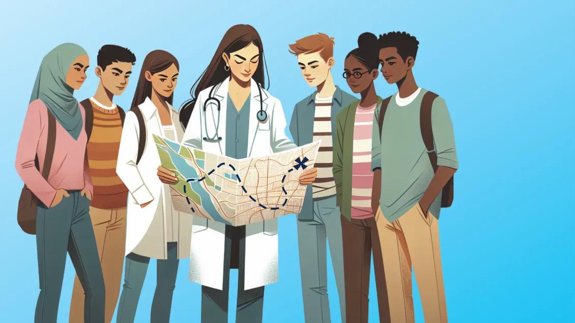 A group of youth surround a doctor holding a map.