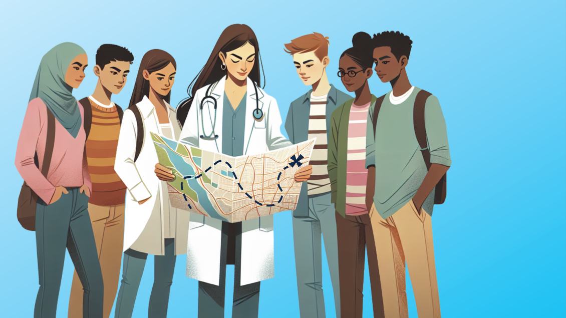 A group of youth surround a doctor holding a map.