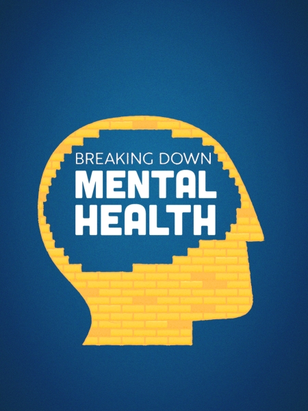 Breaking Down Mental Health on a yellow graphic head with a blue background 