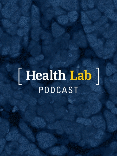 Health Lab Podcast in brackets on a background of cells overlaid in blue