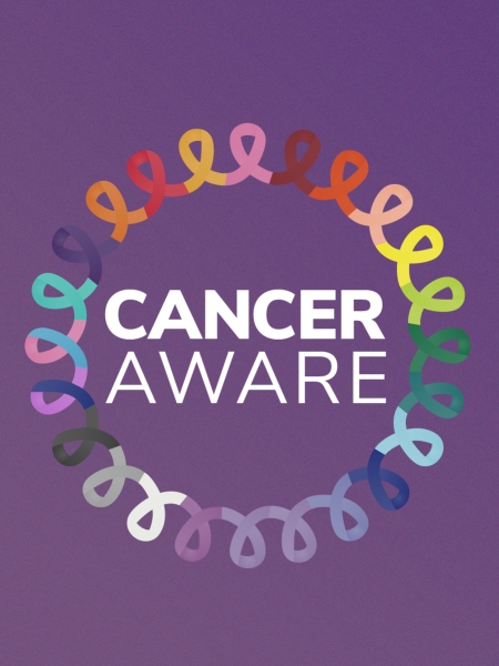 Cancer Aware surrounded by a circle of multicolor ribbons