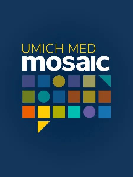 UMich Med Mosaic on blue background with colorful geometric shapes