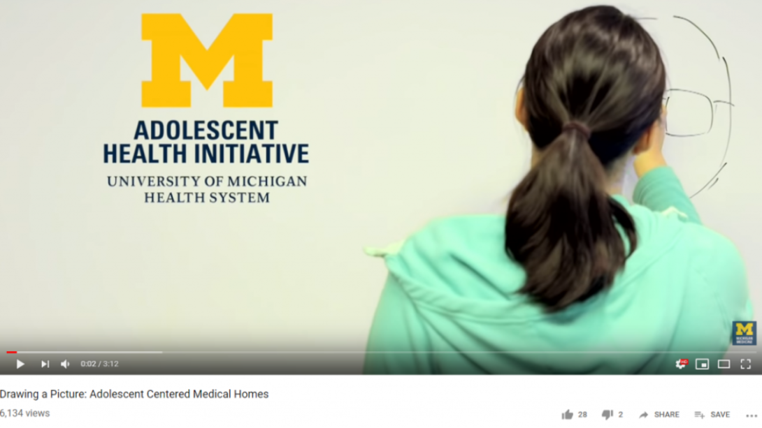 Screenshot of video showing girl with dark hair in a ponytail drawing on a whiteboard with Adolescent Health Initiative logo showing