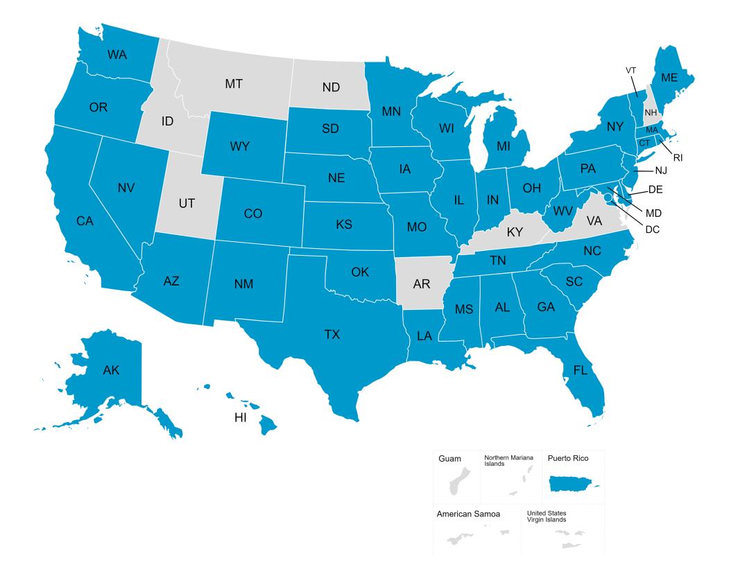 Map of U.S. and territories with 44 states or territories highlighted in blue