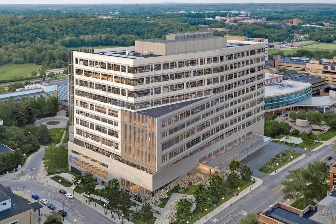 Realistic architectural rendering of Kahn Pavilion aerial