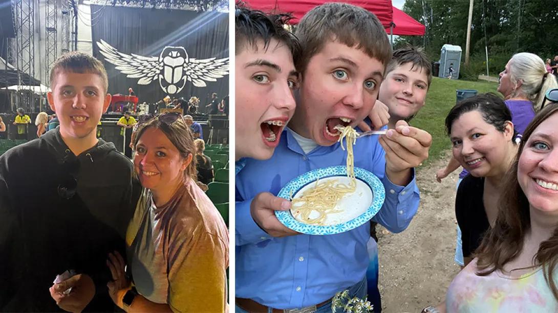 Two images: Seth Kent with his mother at a concert and at a picnic eating spahgetti.